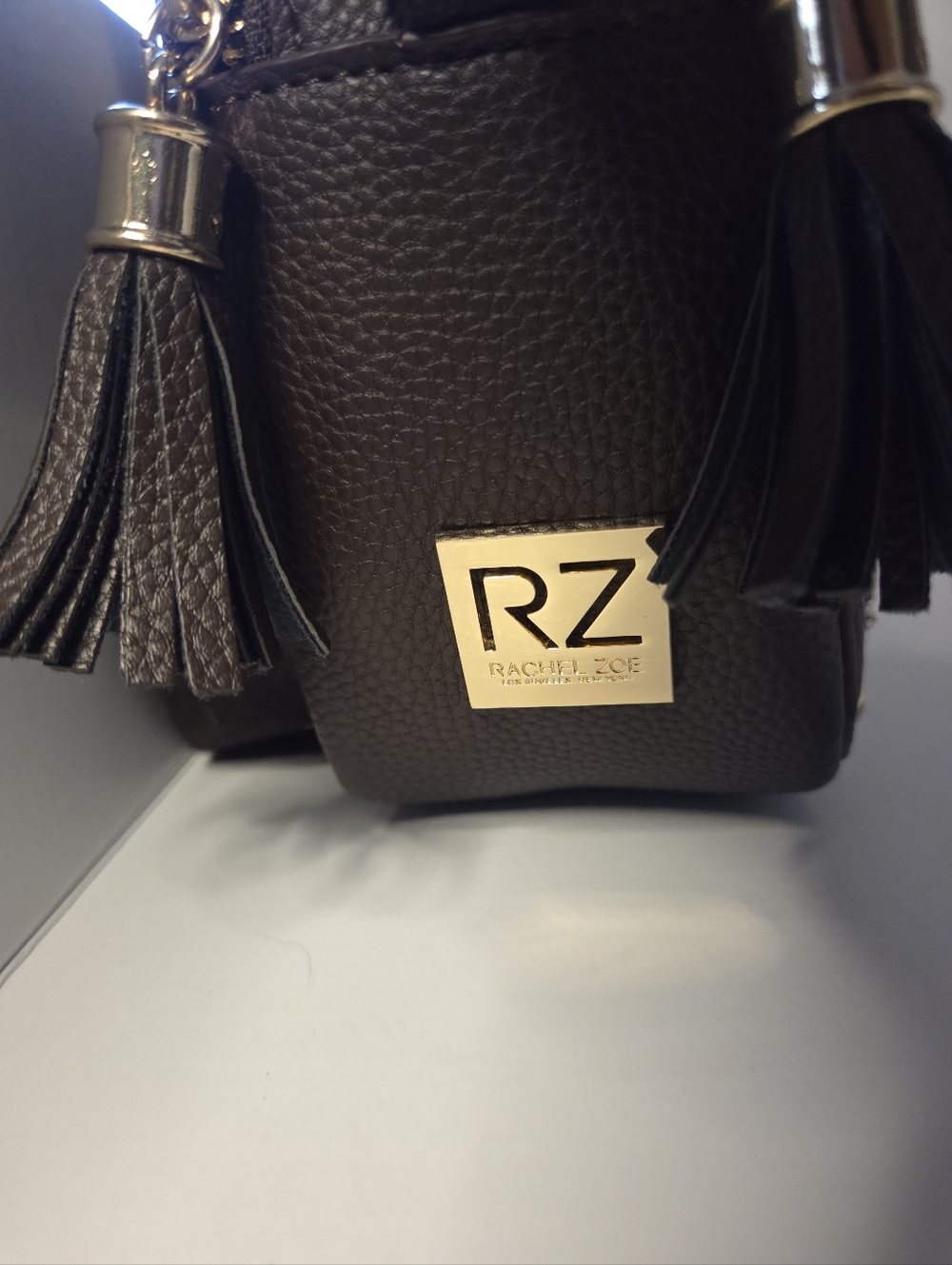 Rachel Zoe Brown Sherpa Leather Trim Crossbody Bag Gold Hardware Tassel Strap - Picture 3 of 5